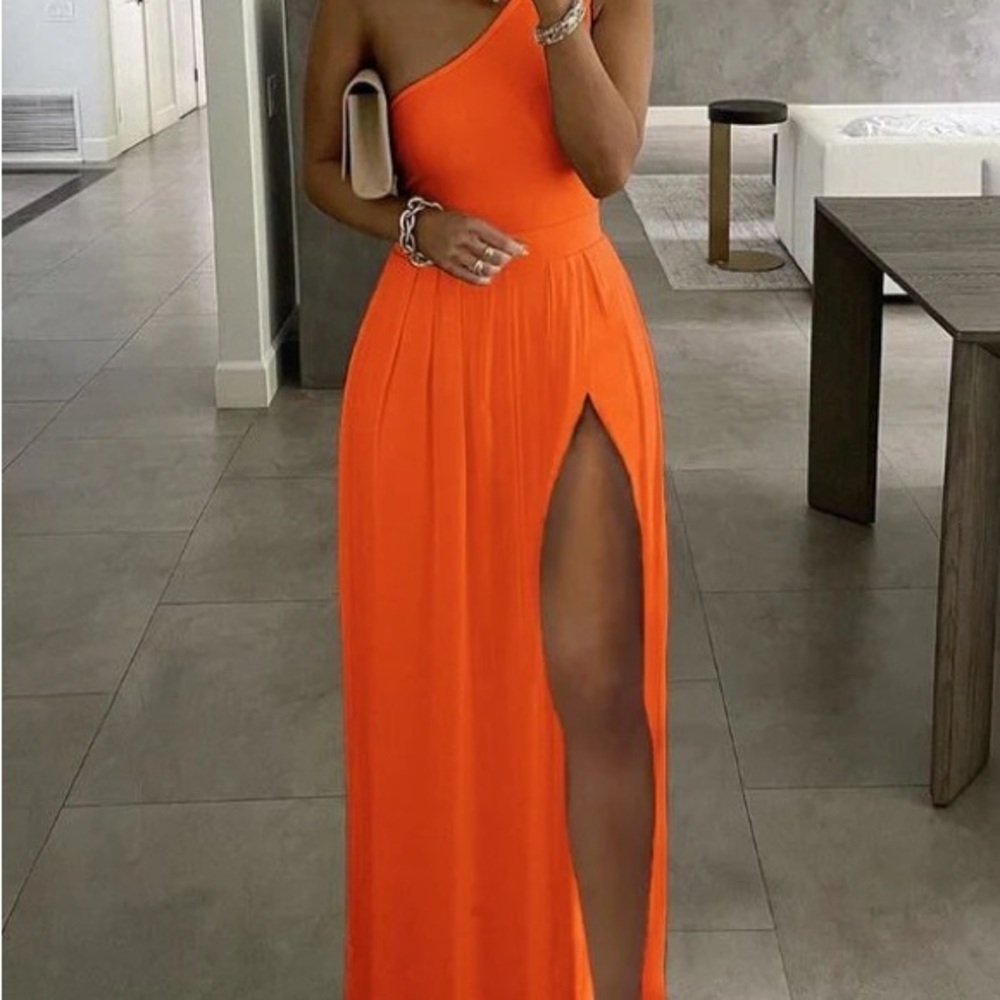 ChicMe One-Shoulder High Slit Maxi Dress - Orange (NWOT)